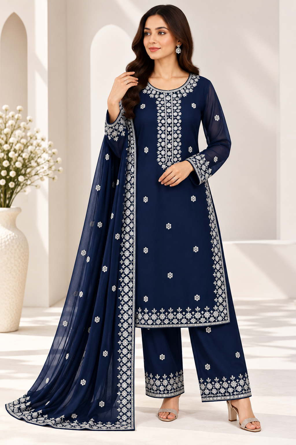 3PC Luxury Silver Embroidered Suit