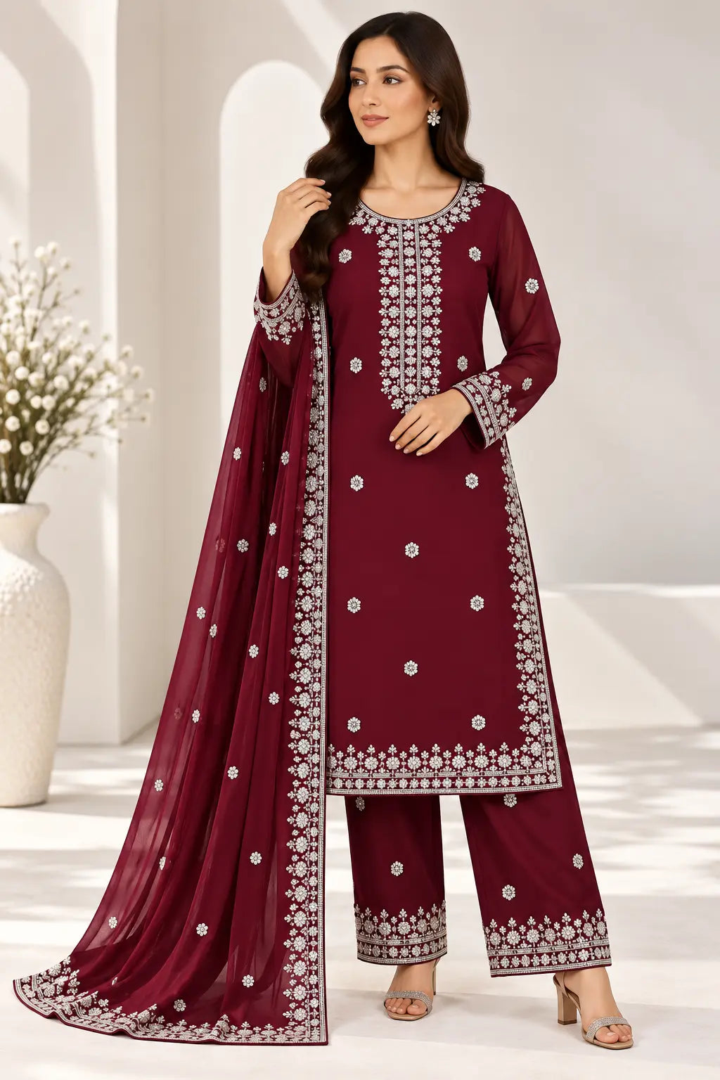 3PC Luxury Silver Embroidered Suit