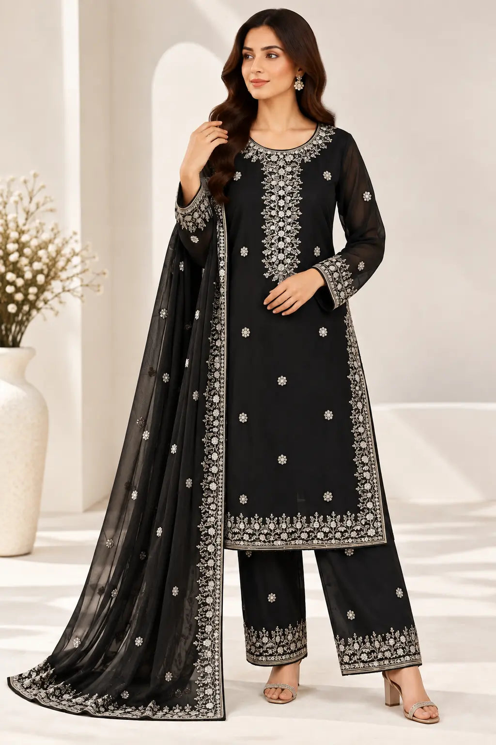 3PC Luxury Silver Embroidered Suit